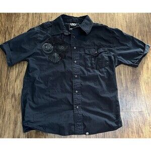 Shmack Shirt Men Medium Short Sleeve Button Up Black Embroidered Skull Virginia